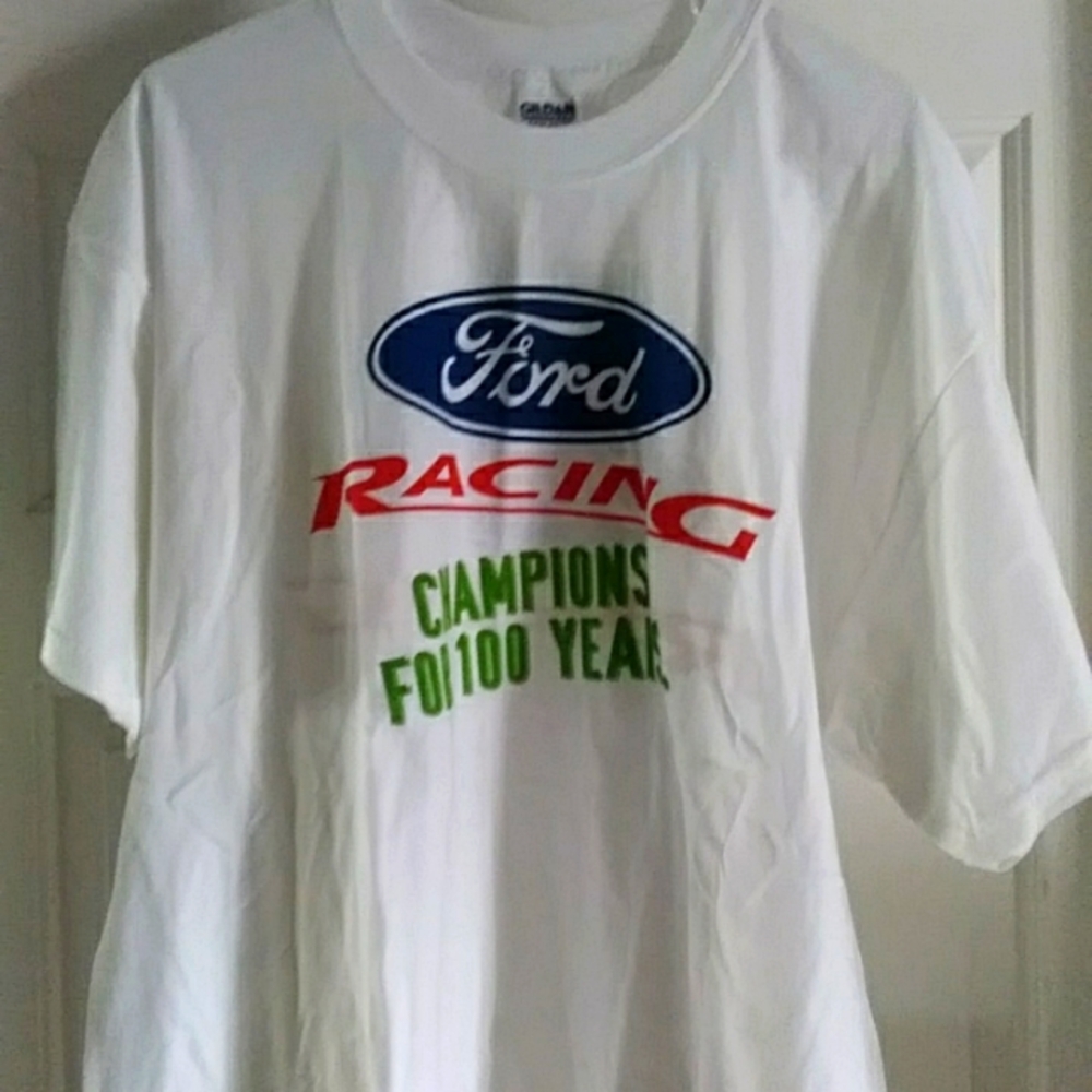 NEW!! Ford Racing Champions for 100 yrs White tshirt XL (front and back image)